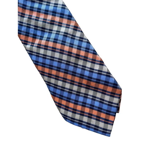 Vintage Chaps Orange Blue Checks 90s Silk Necktie - Picture 2 of 3